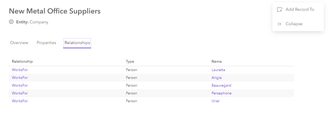 Content for a selected entity on the Relationships tab in the knowledge graph view Content for a selected entity on the Relationships tab in the knowledge graph view