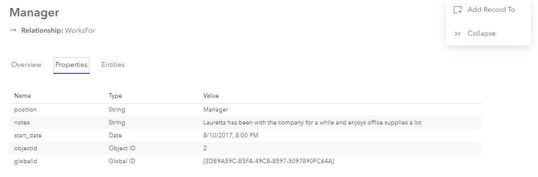 Content for a selected relationship on the Properties tab in the knowledge graph view Content for a selected relationship on the Properties tab in the knowledge graph view